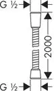Metallbrauseschlauch von Hansgrohe mit zwei Anschlussenden, einem gewellten Mittelbereich und Maßhinweisen, die eine Verbindung zu Sanitärinstallationen darstellen.